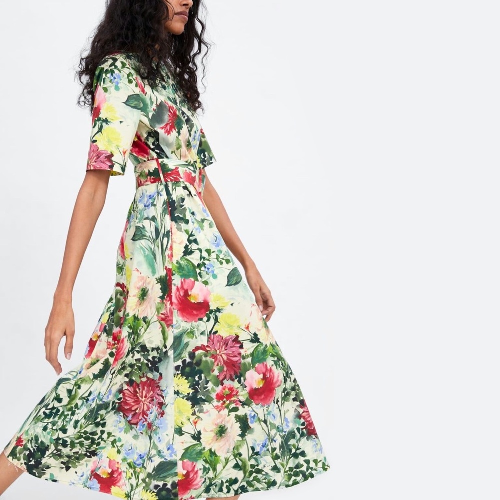 Zara floral print a-line midi dress with belt, size small